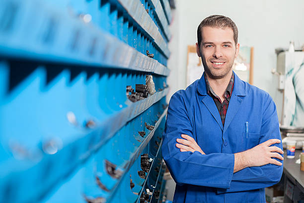 Hardware store owner working.